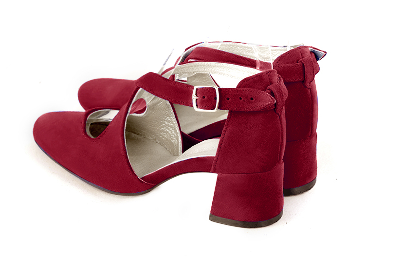 Women's cardinal red elegant closed-back heels, with crossed straps. .  - Rear view